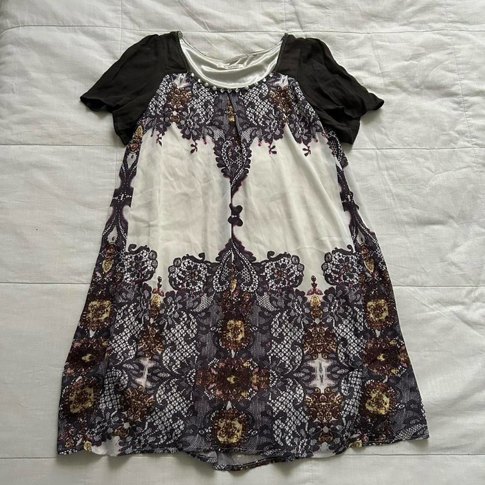 Axes Femme gem and lace print dress with beaded neckline details